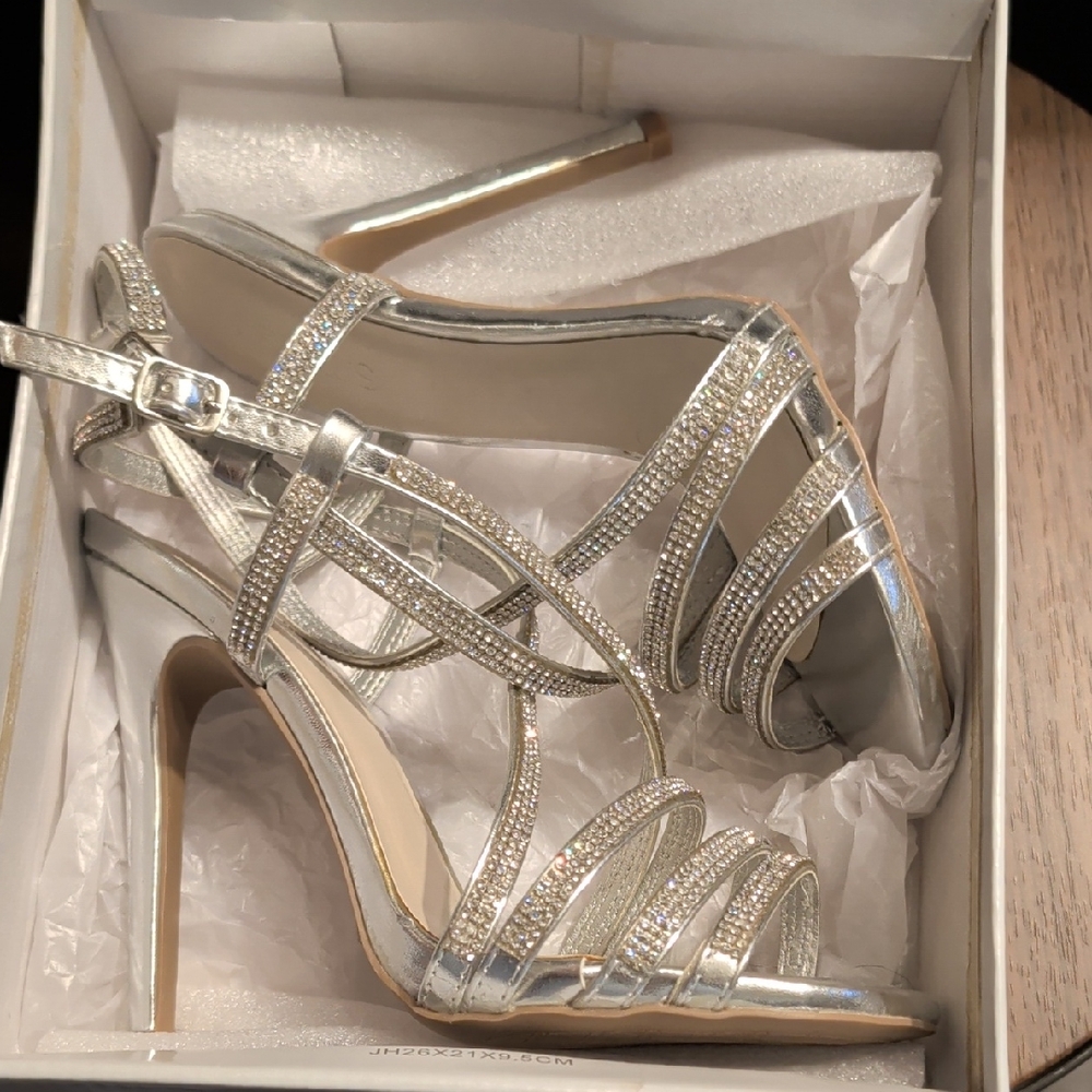 David's Bridal Shimmering Silver Strappy Heels